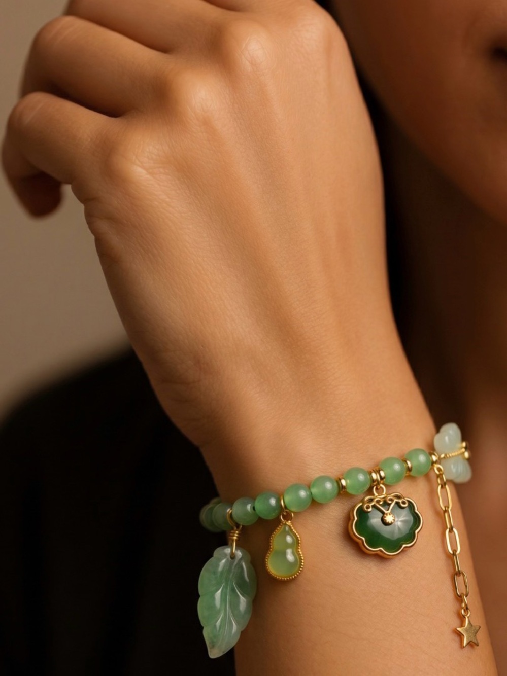 Green Beaded Charm Bracelet with Gold Accents